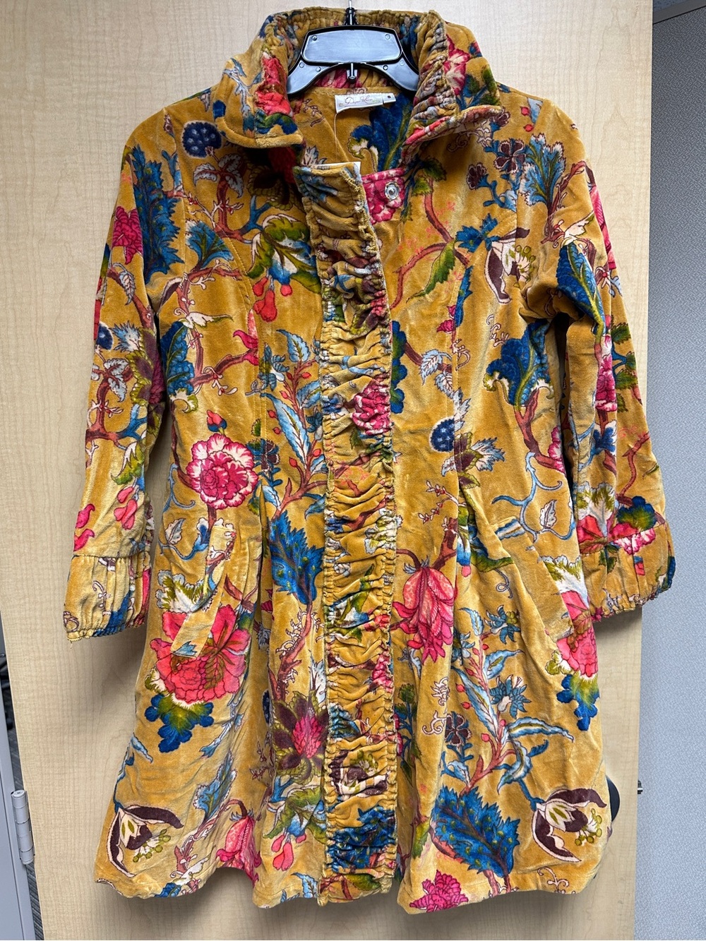 Floral Velvet Ruffle-Front Trench Coat in Mustard